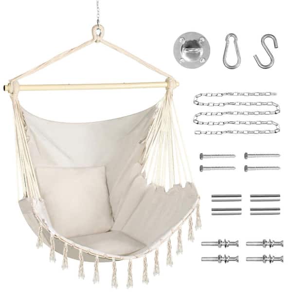 Oversized Hammock Chair Hanging Rope Swing Seat with 2 Cushions and Beige 