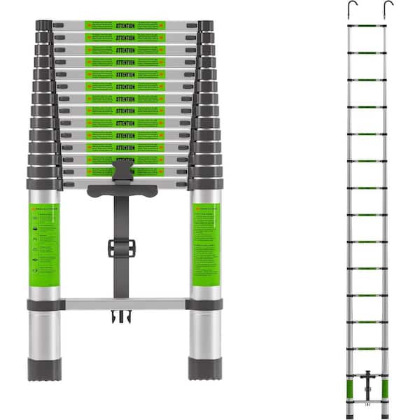 KIWDZFU 14.5 FT Aluminum Telescoping Ladder with Detachable Hooks, Compact Collapsible Design, Adjustable 15 Steps