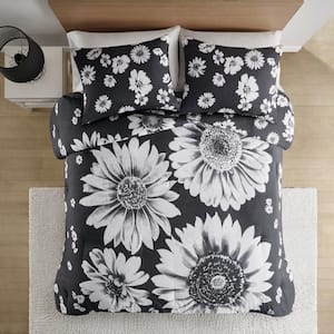 Lilith Polyester 3-Pcs Black/White Full/Queen Floral Reversible Comforter Set