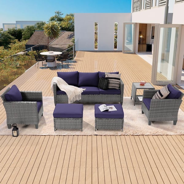 Sonkuki 6-Piece Patio Sofa Set Gray Wicker Outdoor Furniture Set with Coffee Table, Navy Blue