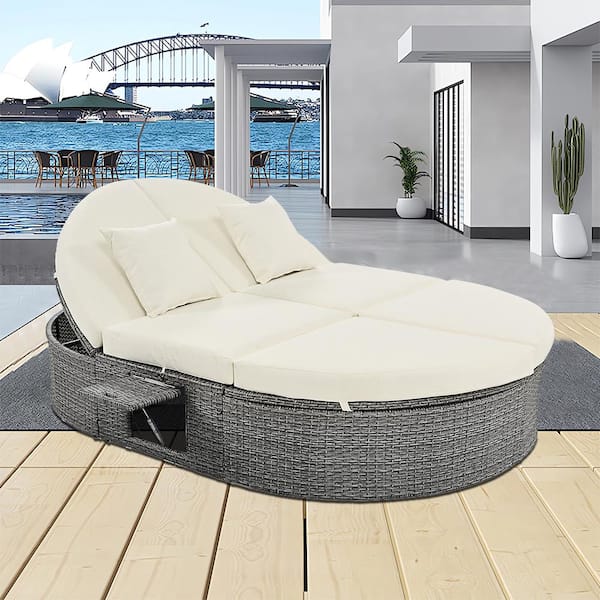 Runesay Luxury 2-Person Wicker Outdoor Day Bed with Beige Cushions and and Pillows, Adjustable Backrests and Foldable Cup Trays