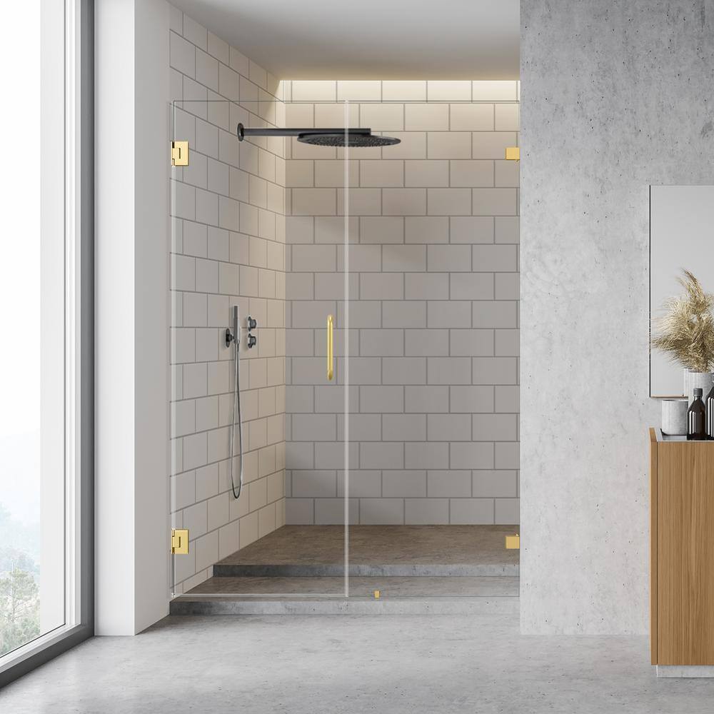 Brushed Gold Frameless Pivot Hinged Shower Door with Clear Glass