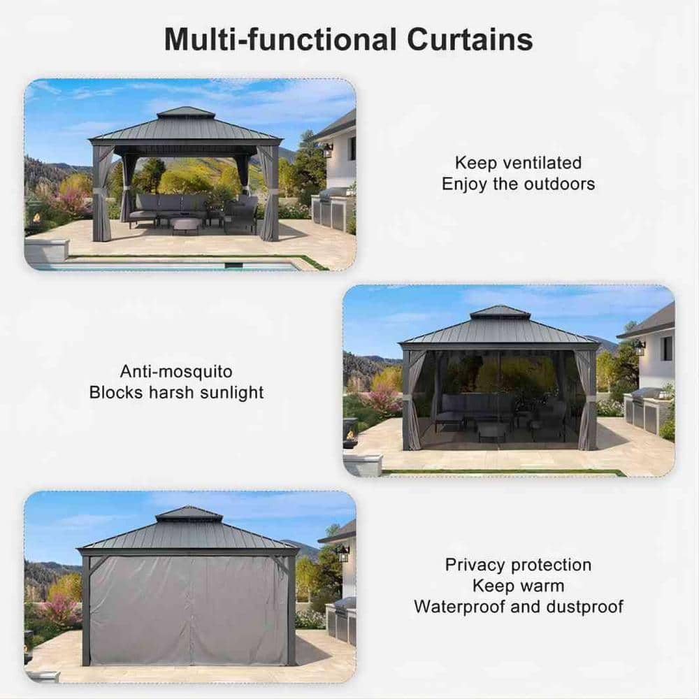 Gray 10' x 13' Aluminum Frame Hardtop Gazebo with Curtains