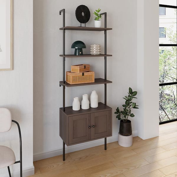 happimess Tulare 72.05 in. Tall Mid Century 4-Shelf Wood Wall-Mounted Open Ladder Bookcase with Cabinet & Metal Frame Brown/Black