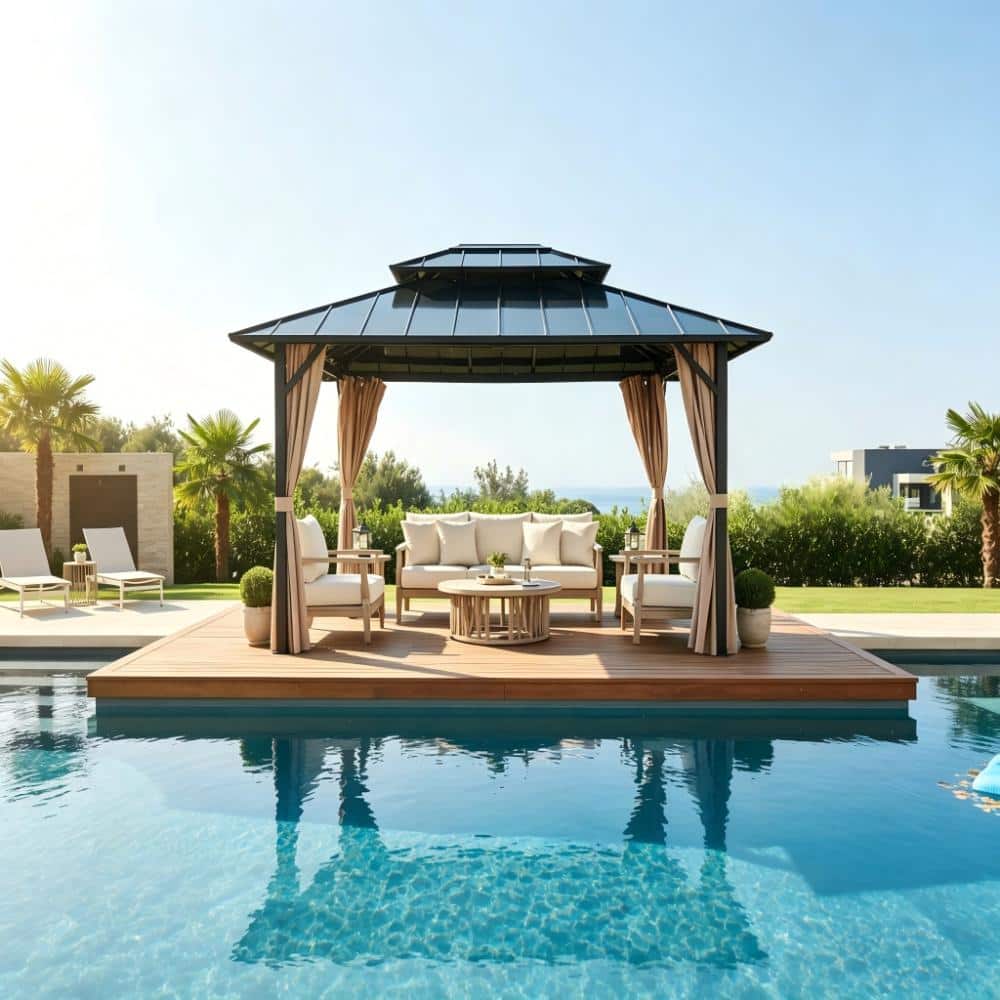10 ft. x 10 ft. Hardtop and Aluminum Gazebo with Galvanized Steel Double Roof Canopy, Curtains, Netting for Garden price history on PriceWatchPro