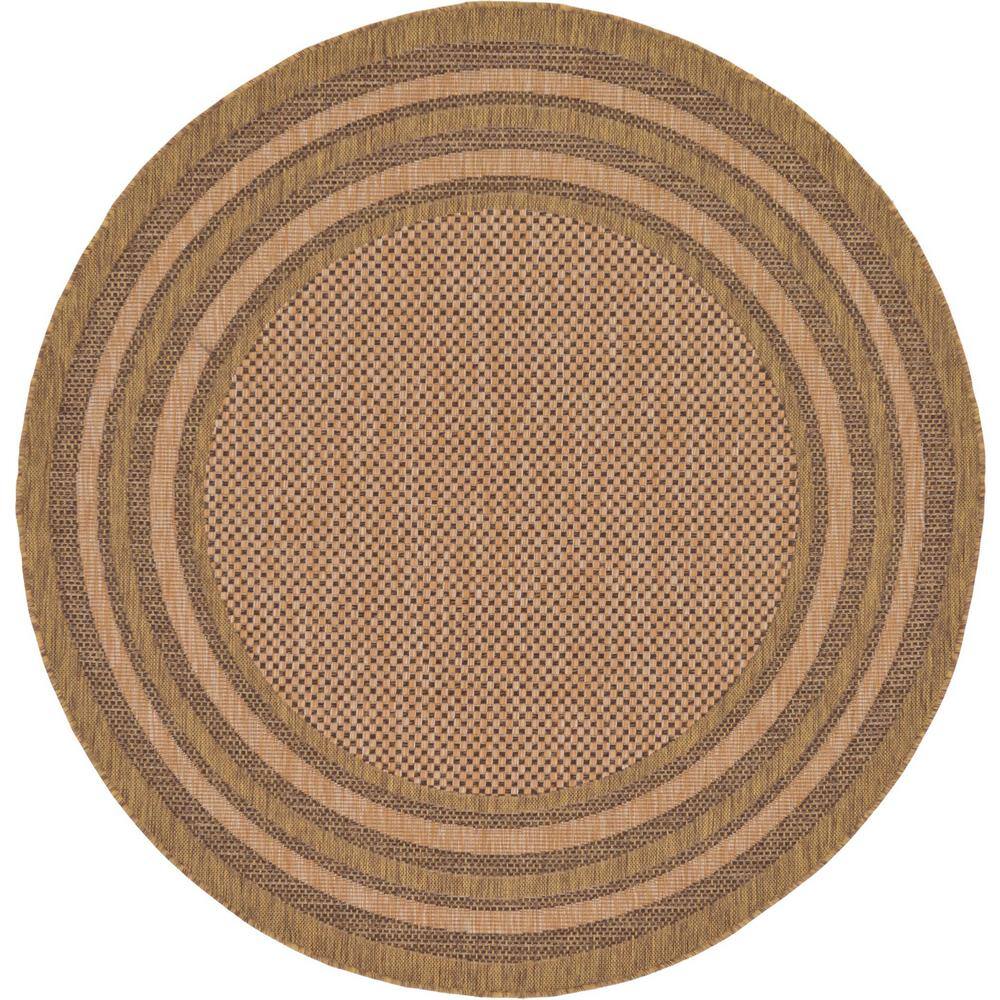 Unique Loom Outdoor Multi Border Light Brown 6' 0 x 6' 0 Round Rug
