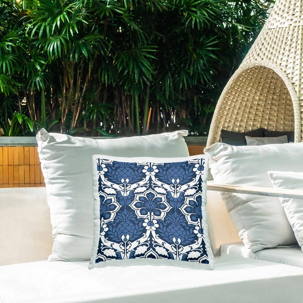 Blue and White Damask Pattern Square Outdoor Throw Pillow