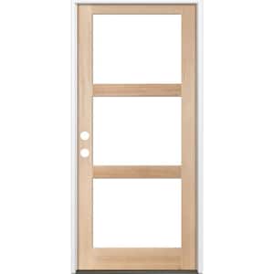 42 in. x 96 in. Modern Hemlock Right-Hand/Inswing 3-Lite Clear Glass Unfinished Wood Prehung Front Door