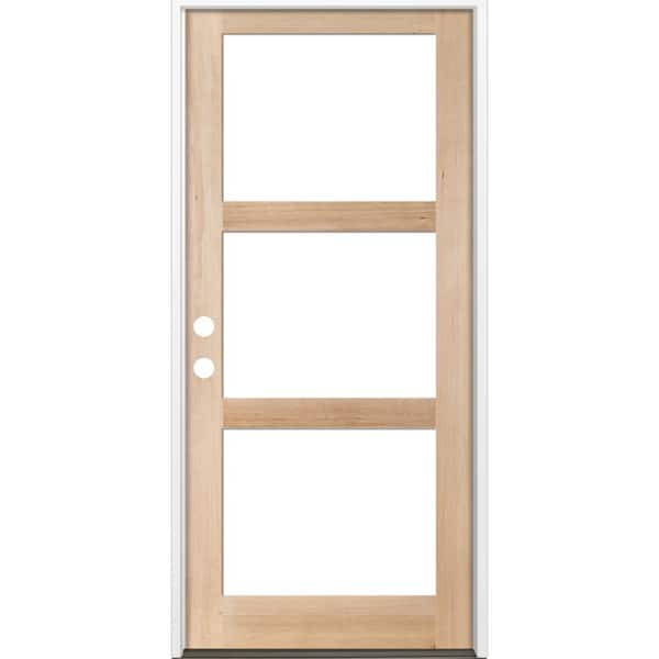Krosswood Doors 42 in. x 96 in. Modern Hemlock Right-Hand/Inswing 3-Lite Clear Glass Unfinished Wood Prehung Front Door