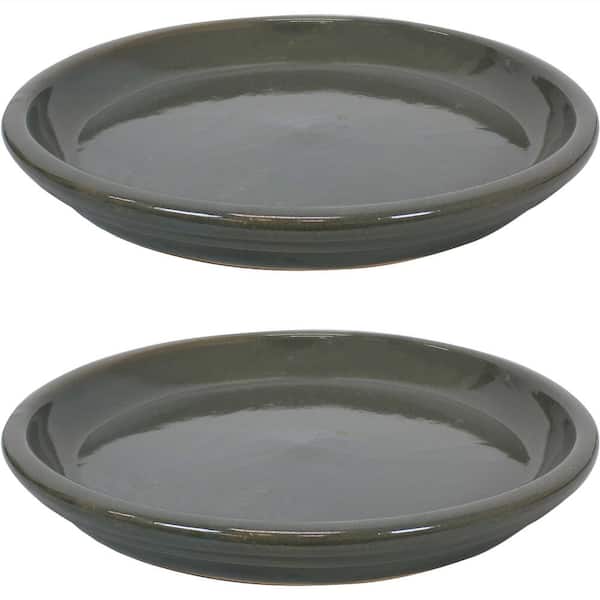 Sunnydaze 14.25 in. Gray Ceramic Planter Saucer (Set of 2)