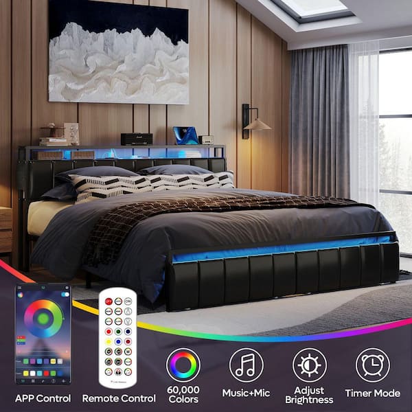 Brown Metal Frame King Size Platform Bed with Charge Station and Storage Headboard and Drawers Rustic