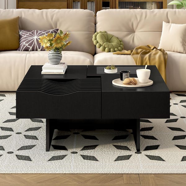 33 in. Black Rectangle MDF Wood Coffee Table with 3 Drawers, Tempered glass and Solid Wood Legs