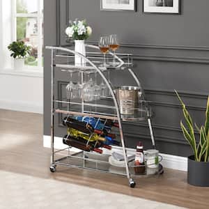 Chrome Bar Cart Serving Wine Cart with Wheels, 3-Tier Metal Frame Elegant Wine Storage for Kitchen