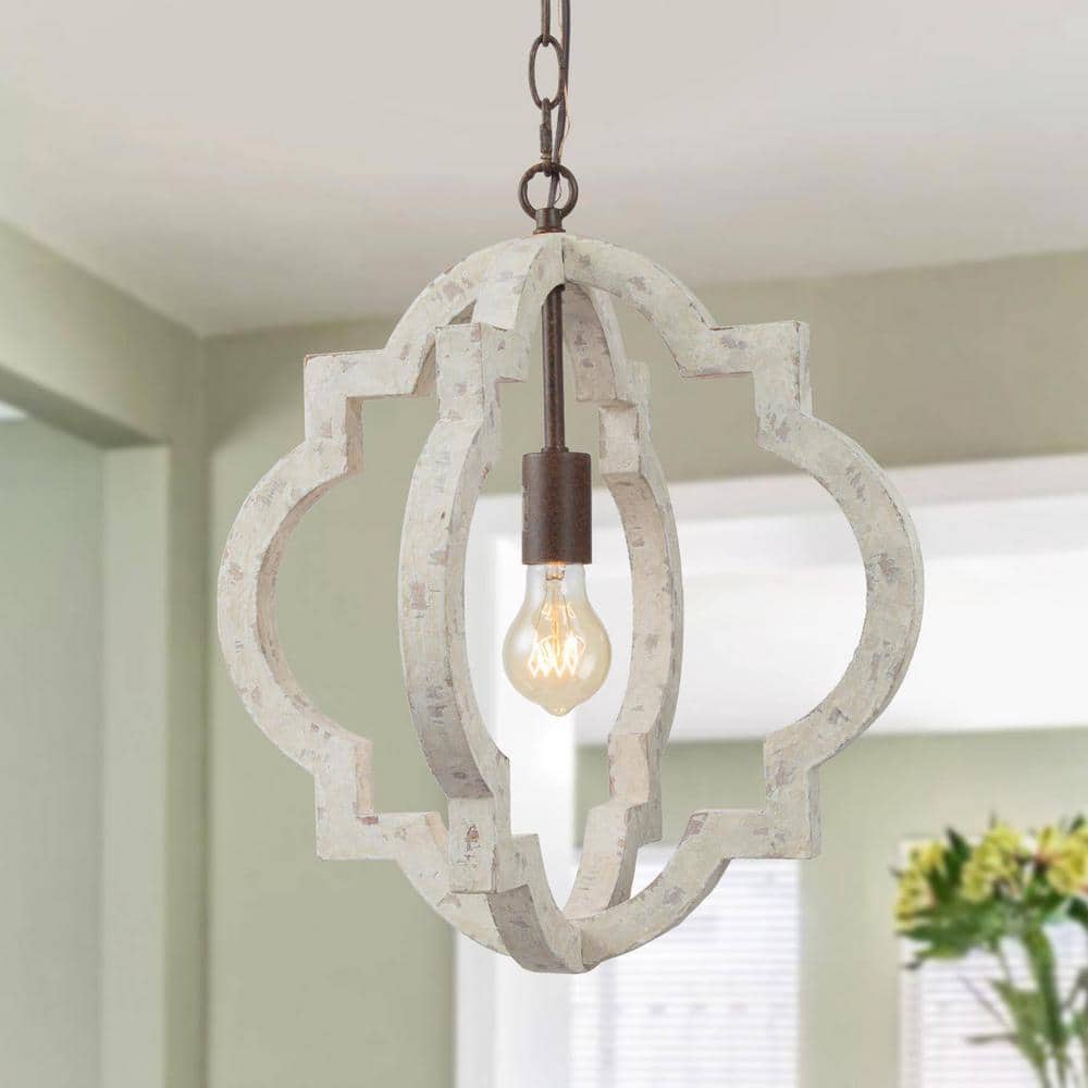 1-Light White Wood and Aged Iron Farmhouse Indoor Pendant Light Perfect for