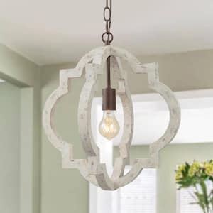 1-Light White Wood and Aged Iron Farmhouse Indoor Pendant Light Perfect for Kitchen, Dining Room and Living Room