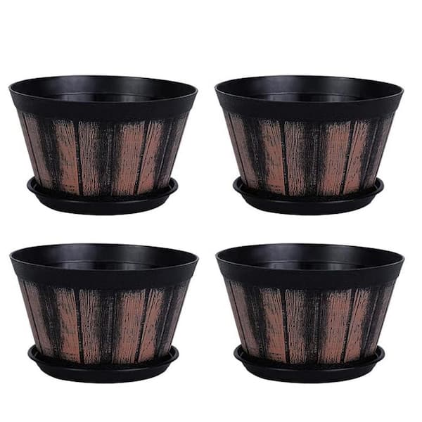6 in. Dia x 4 in. H Brown Plastic Round Whiskey Barrel Planter, set of 4