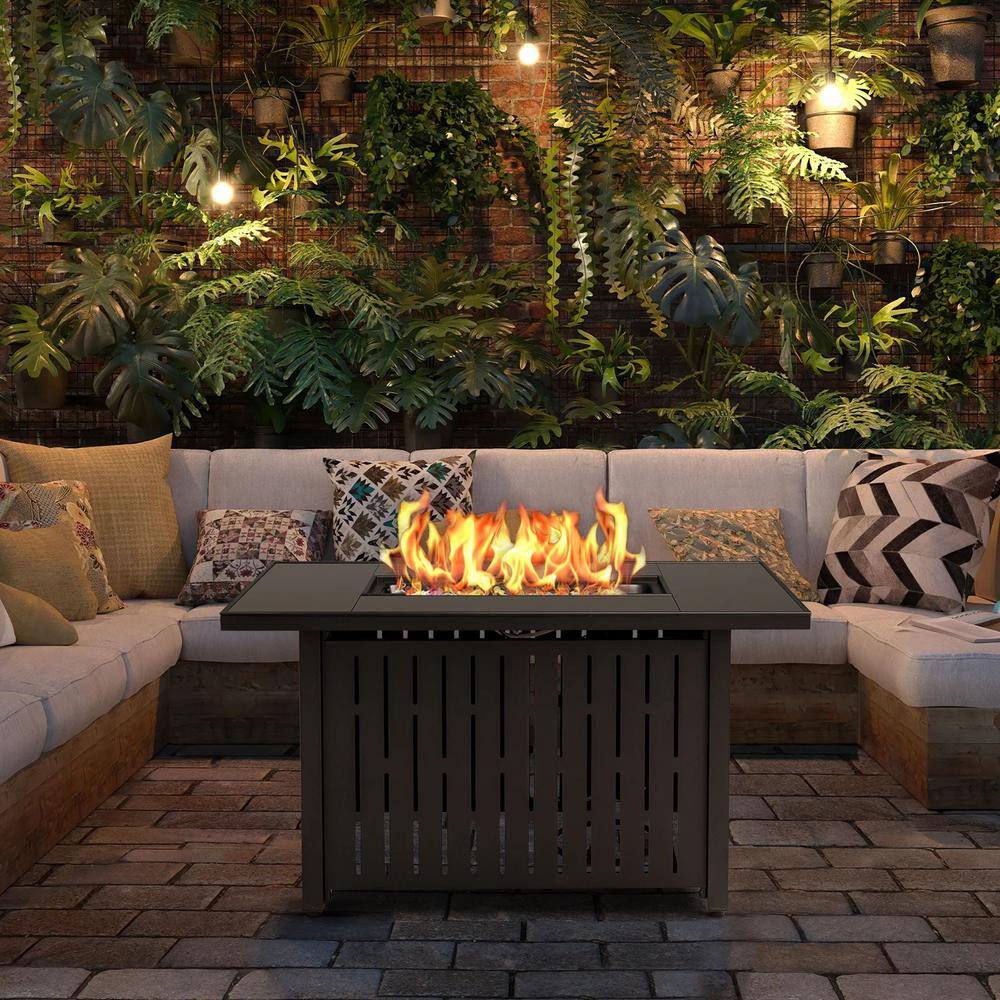 Black Steel Propane Fire Pit Table with Glass Guard