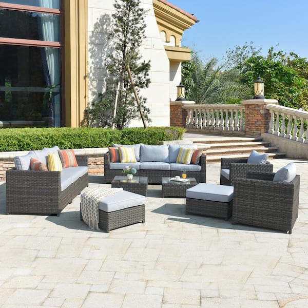 XIZZI Ontario Lake Gray 12-Piece Wicker Outdoor Patio Conversation Seating Set with Gray Cushions