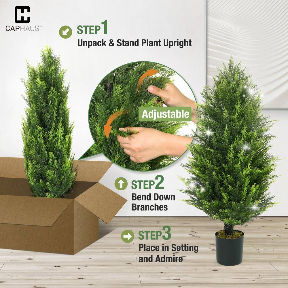 48" Green Artificial Cedar Topiary Trees in Black Plastic Pots