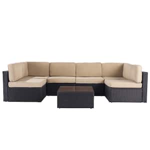7-Piece Patio Conversation Sofa Set Furniture Sectional Seating Set with Sand Cushion & Tempered Glass Desktop