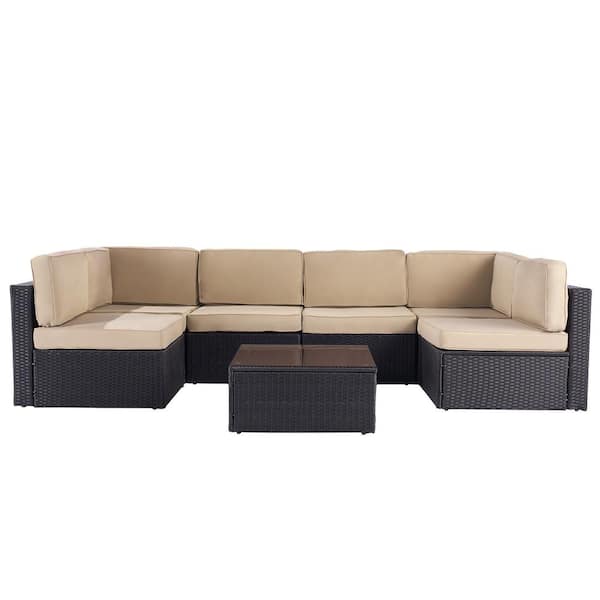 7-Piece Patio Conversation Sofa Set Furniture Sectional Seating Set with Sand Cushion & Tempered Glass Desktop