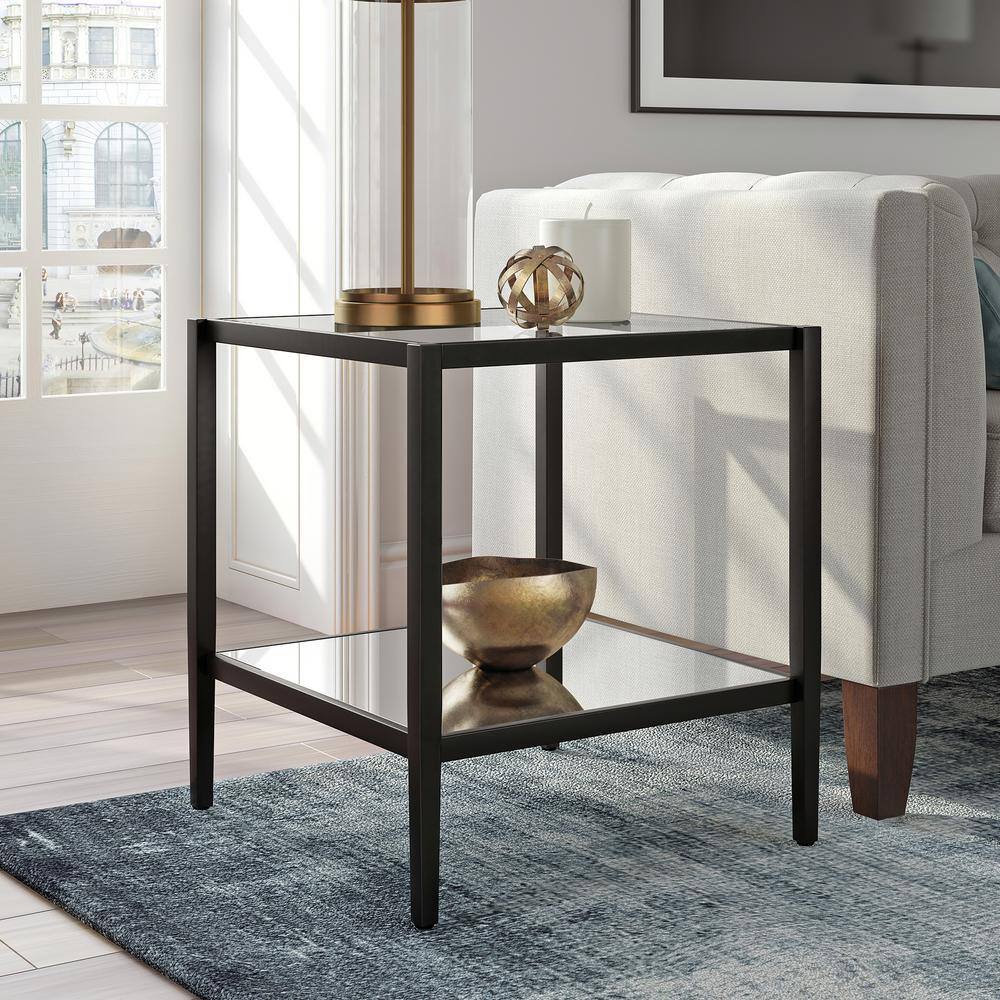 Hollywood Glam 20" Blackened Bronze Square Side Table with Mirrored Shelf