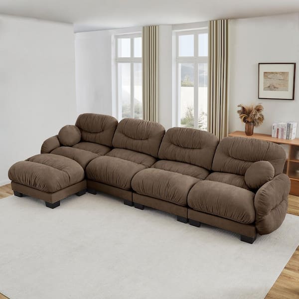 150.3 in. Round Arms Chenille L-Shaped Modular Sectional Sofa in Brown with Ottoman and Throw Pillows