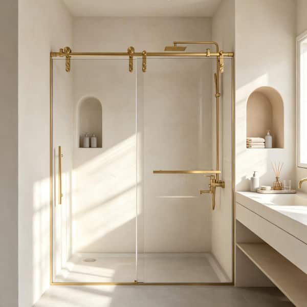 54 in. W x 76 in. H Sliding Frameless Shower Doors in Brushed Gold with 5/16"(8mm) ANSI-certified Clear Tempered Glass