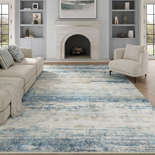 Sunset Over Sea Blue/Gold 8 ft. x 10 ft. Washable Modern Abstract Area Rug