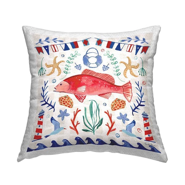 Maritime Fish and Shells Pattern Multi-Color Square Outdoor Throw Pillow