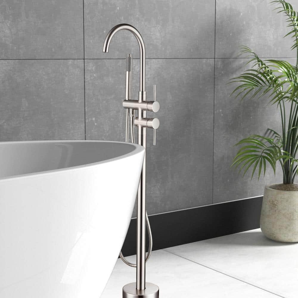 Brushed Nickel Freestanding Tub Filler with Hand Shower