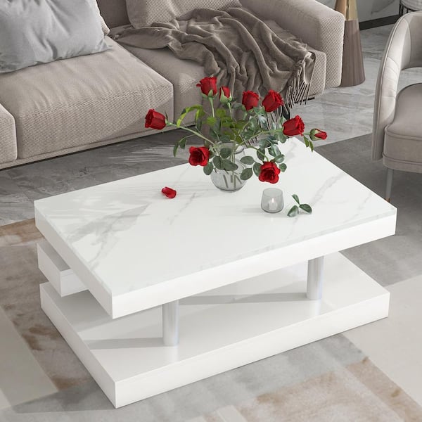 Harper & Bright Designs 39.3 in. White Rectangle Wood Minimalist 2-Tier Coffee Table with Silver Metal Legs and High-gloss UV Surface