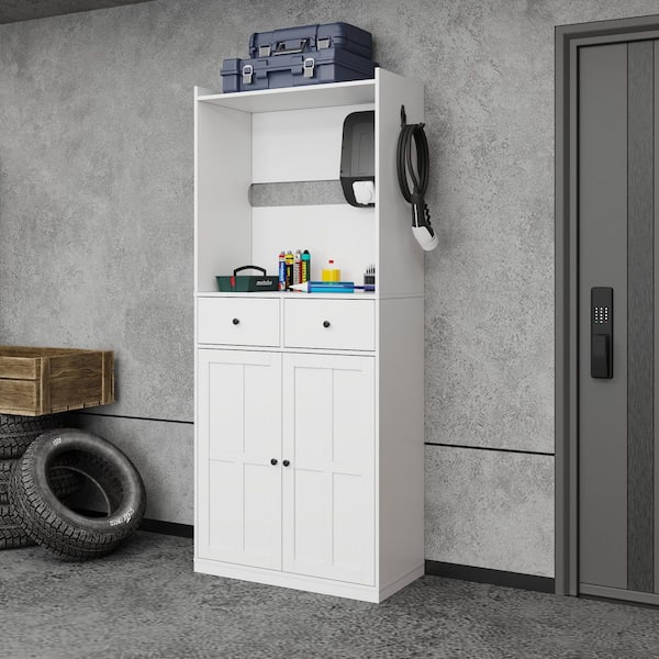 74.2 in. Tall White Wood 1-Shelf Standard Bookcase with Accent Storage Cabinet, Garage Cabinet, Display Cabinet