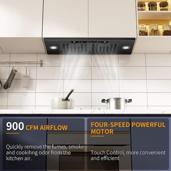 36 in. 900 CFM Convertible Insert Range Hood in Black Stainless Steel with LED Light Gesture Sensing and Charcoal Filter