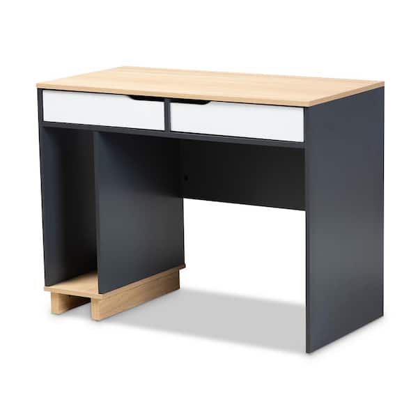 Baxton Studio 39.4 in. Gray Rectangular 2 -Drawer Computer Desk with Oak Top