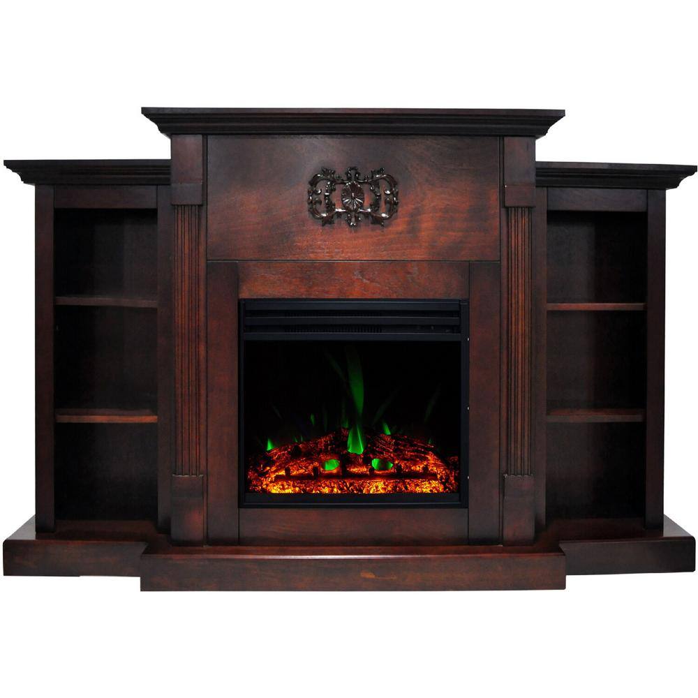 Classic Mahogany Freestanding Electric Fireplace with Bookshelves and Mantel