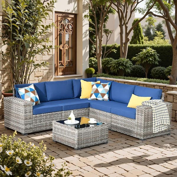 Baldwin Gray 6-Piece Wicker Wide Arm Outdoor Patio Conversation Sofa Sectional Seating Set with Navy Blue Cushions