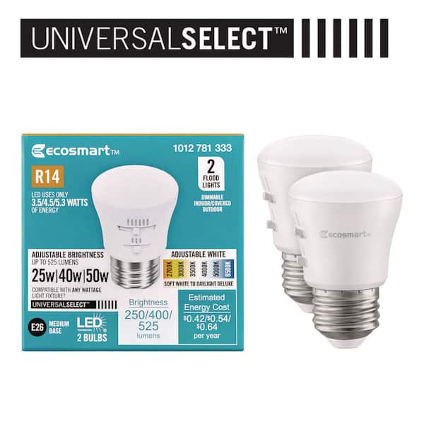 Universal Select 25/40/50-Watt Equivalent R14 E26 Dimmable LED Flood Light Bulb w/ Selectable Color Temperature (2-Pack)
