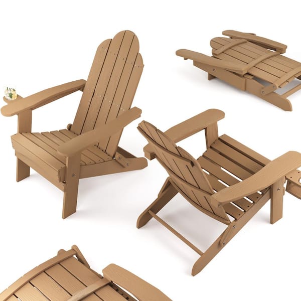 LUE BONA Brown Foldable Plastic Outdoor Patio Adirondack Chair with Cup Holder for Garden/Backyard/Firepit/Pool/Beach (Set of 4)