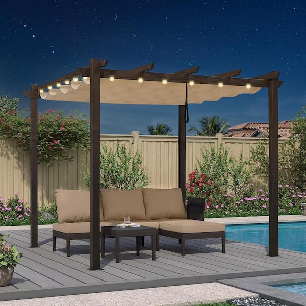 PURPLE LEAF 10 ft. x 10 ft. Bronze Aluminum Frame Morden Pergola with Beige Retractable Sun Shade Canopy and String Lights