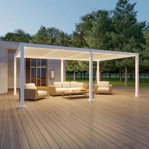 12 ft. x 20 ft. LED Solar Panel Patio Pergola Aluminum Louvered Dome Drainage System 4 Strong Pillars, White