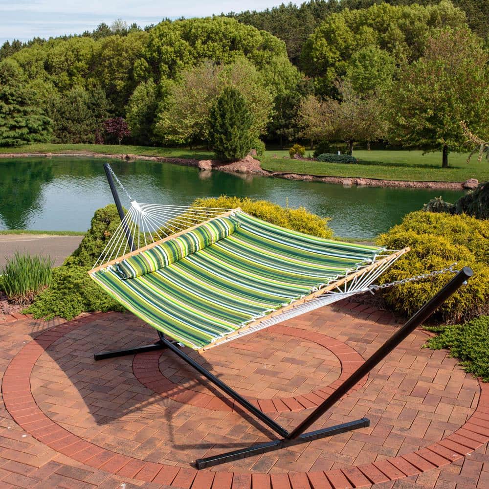 Green Quilted Fabric Hammock with Heavy-Duty Steel Stand