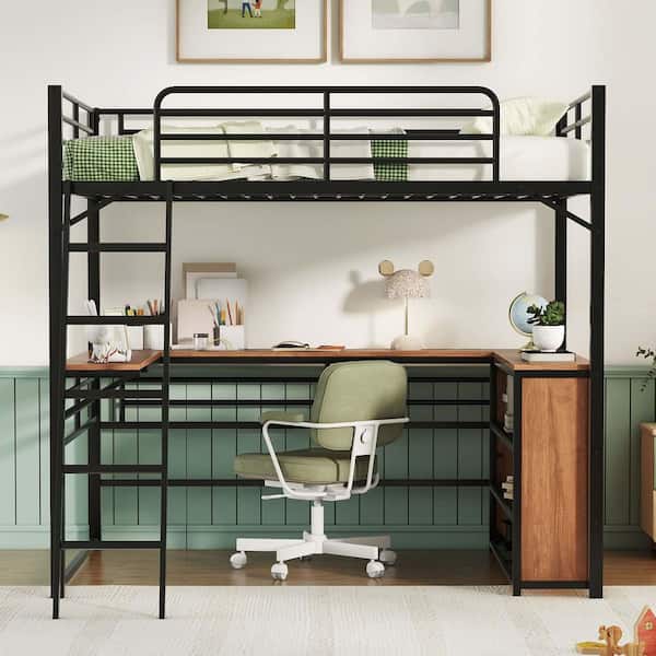 Black Full Size Loft Bed with 3-Layers of Shelves and L-shaped Desk