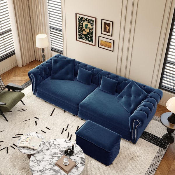Norlin French 89 in. Rolled Arm Blue Velvet Tufted Upholstered King Size Pull-Out Sofa Bed with Ottoman, Pillows