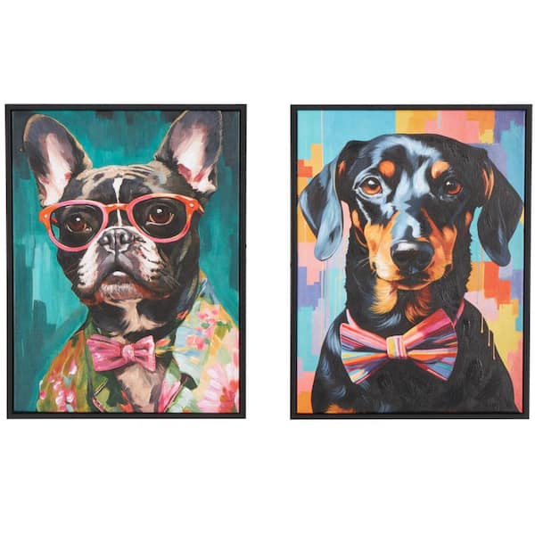 Litton Lane 2-Panel Dog Chic Framed Wall Art with Glasses and Bow Tie 17 in. x 13 in.