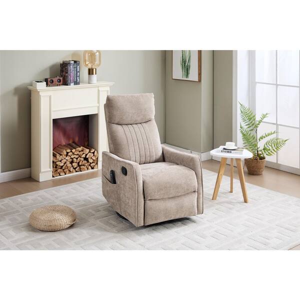 Cecil Modern Khaki Upholstered Chenille Swivel Rocker Recliner Chair with Lumbar Heat and Massage