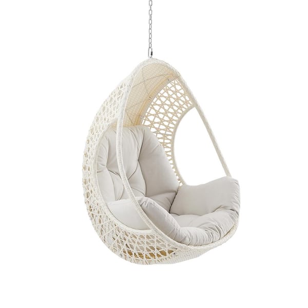 ULAX FURNITURE 46 in. Wicker Outdoor Hanging Egg Chair with Beige Cushion