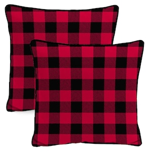 16 in. L x 16 in. W x 4 in. T Outdoor Throw Pillow in Red and Black Buffalo Check (2-Pack)