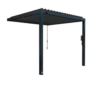 Evanston 10 ft. x 10 ft. Black Galvanized Steel Wall-Mounted Louvered Pergola Kit with Adjustable Roof and PowerPort