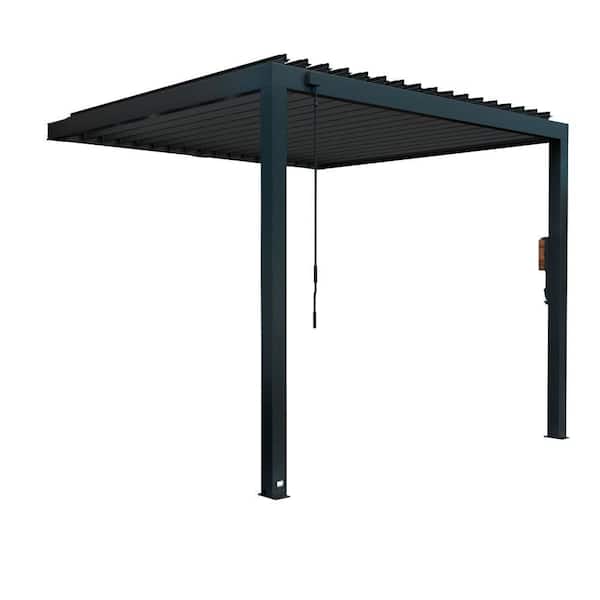 Evanston 10 ft. x 10 ft. Black Galvanized Steel Wall-Mounted Louvered Pergola Kit with Adjustable Roof and PowerPort